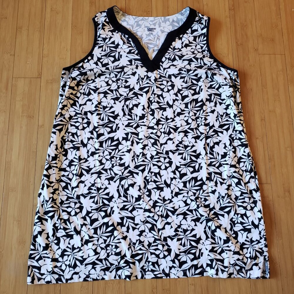 2X Lands' End Cotton Sleeveless Swim Cover-up Dress Black & White Floral